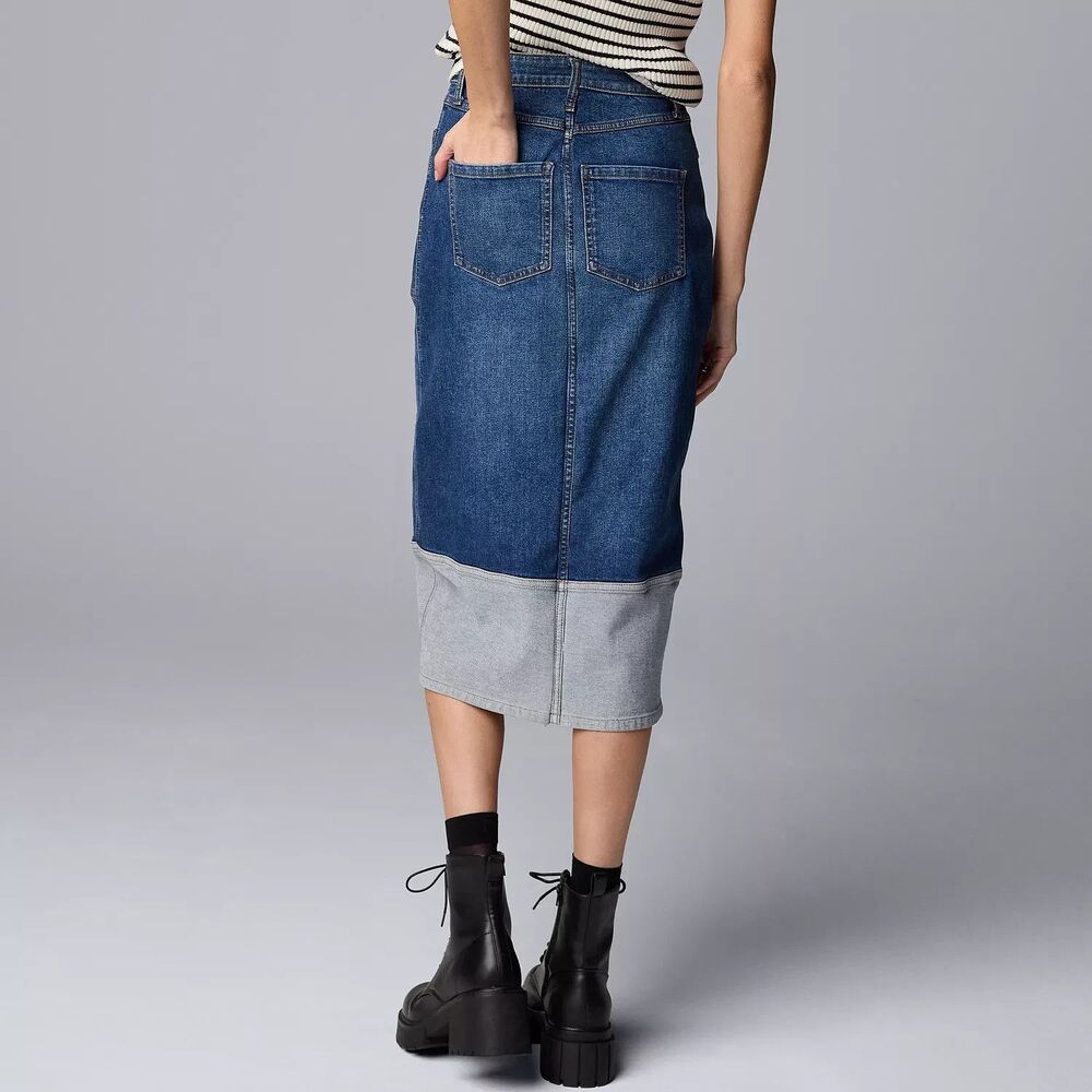 Simply Vera Wang Two-Tone Denim Skirt Womens Small Petite Blue Front Slit NEW - Picture 2 of 11